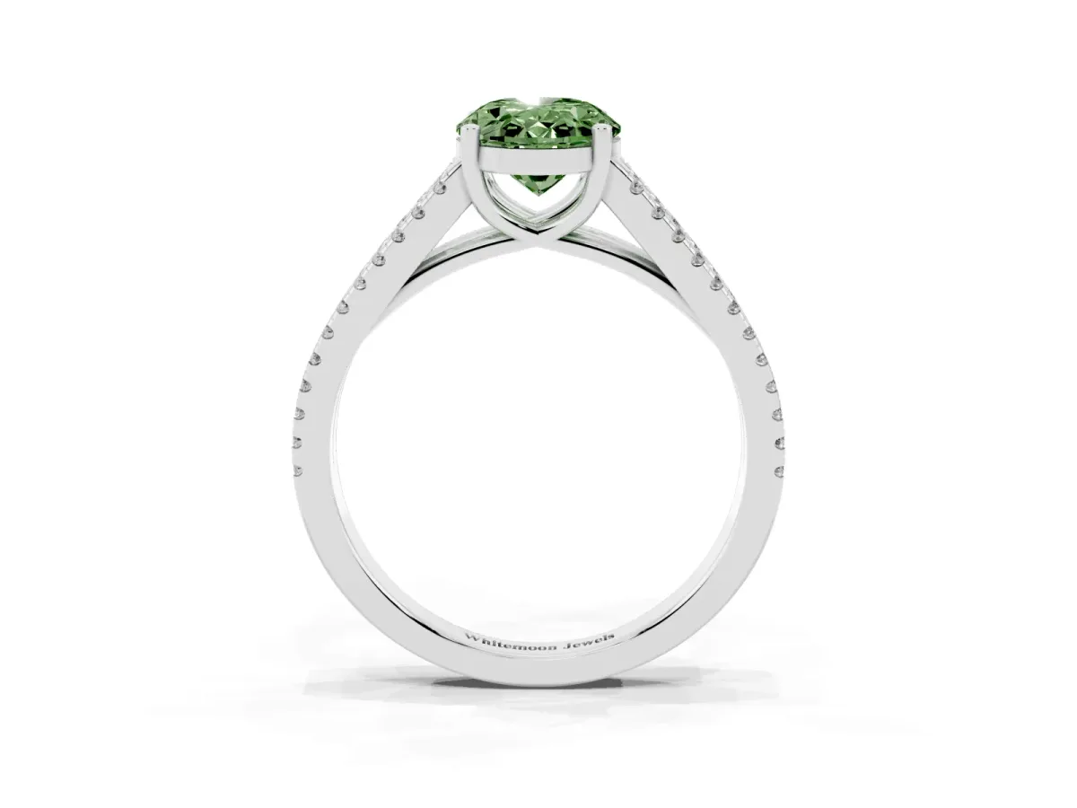 Fancy Green Oval Cut Diamond Solitaire Engagement Ring with Split Shank Pavé Band Platinum