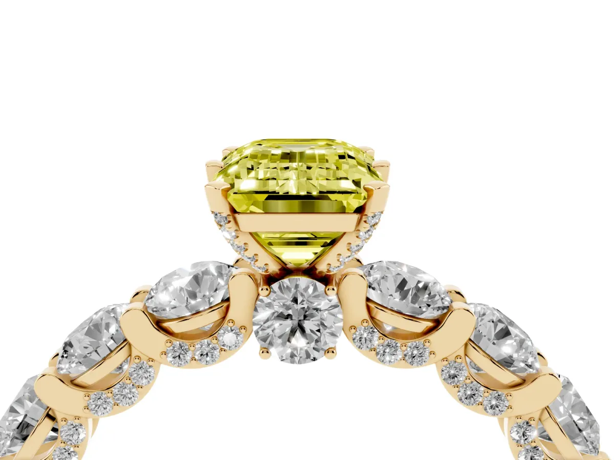 Fancy Yellow Emerald Cut Diamond Side Stone Engagement Ring with Four-Prong Setting Yellow gold