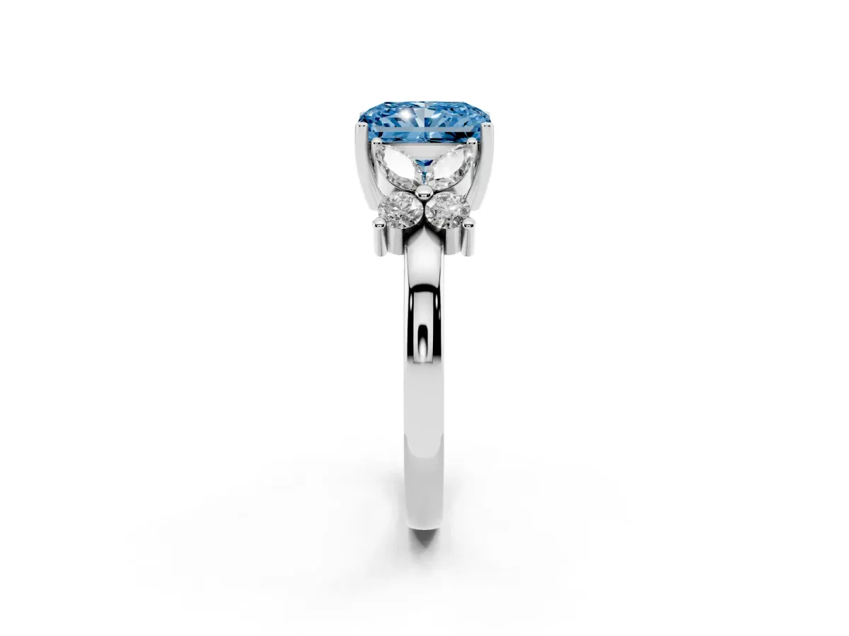 Fancy Blue Radiant Cut Diamond Floral Cluster Ring with Solitaire Band and Prong Setting White gold