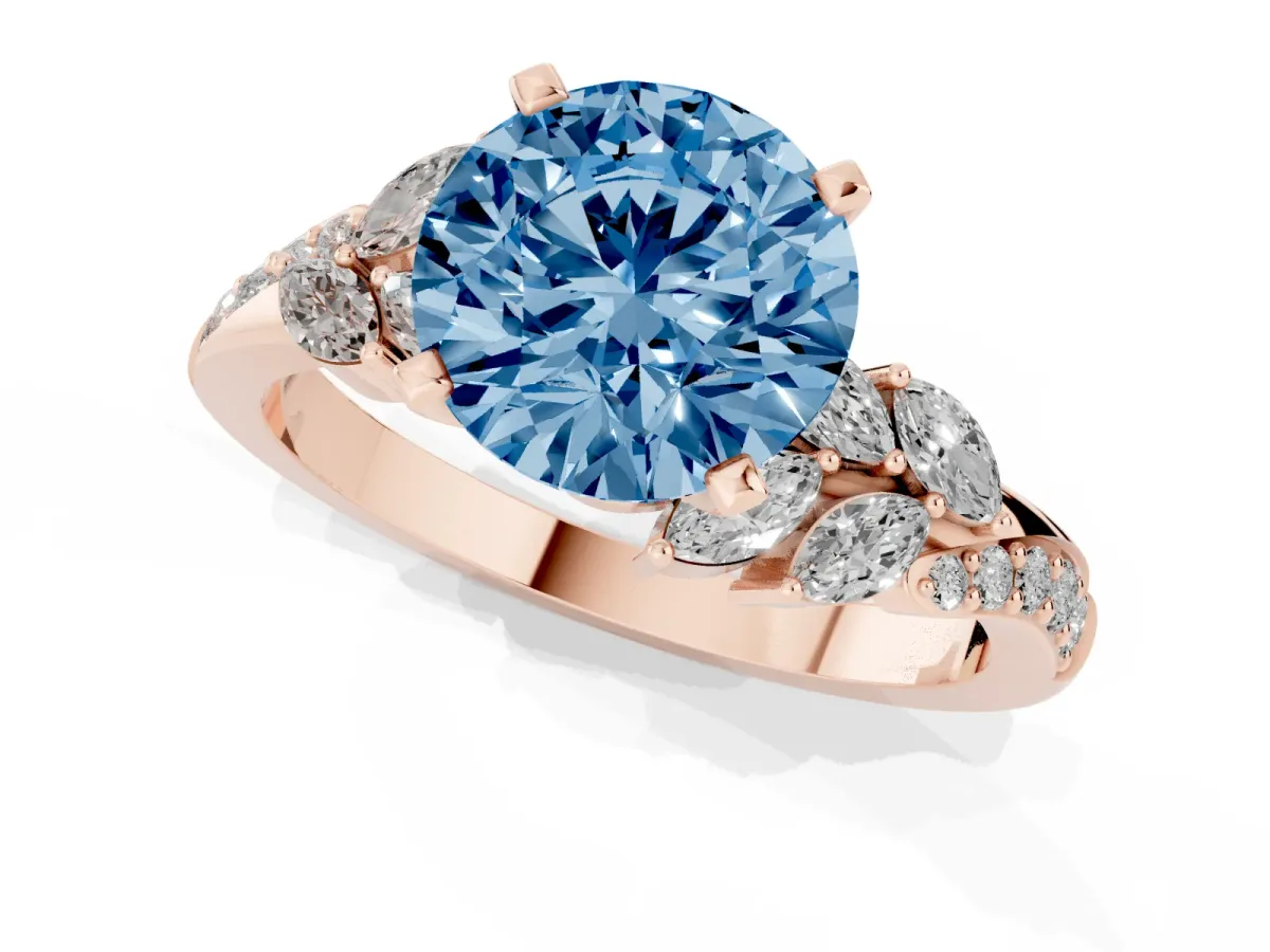 Fancy Blue Round Cut Solitaire Marquise Twist Band with Six-Prong Setting Rose gold