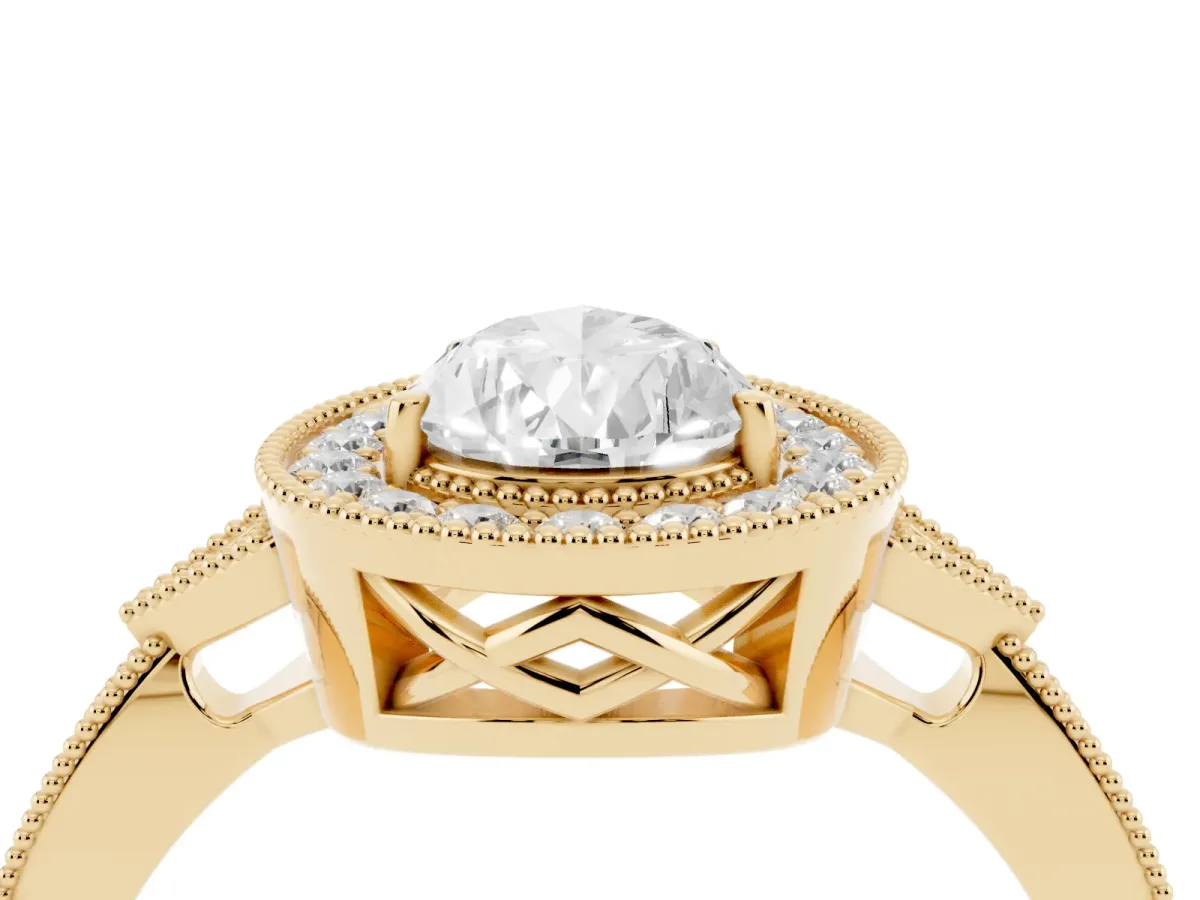 Pear Cut Halo Round Diamond Milgrain Pave Engagement Ring Yellow gold
