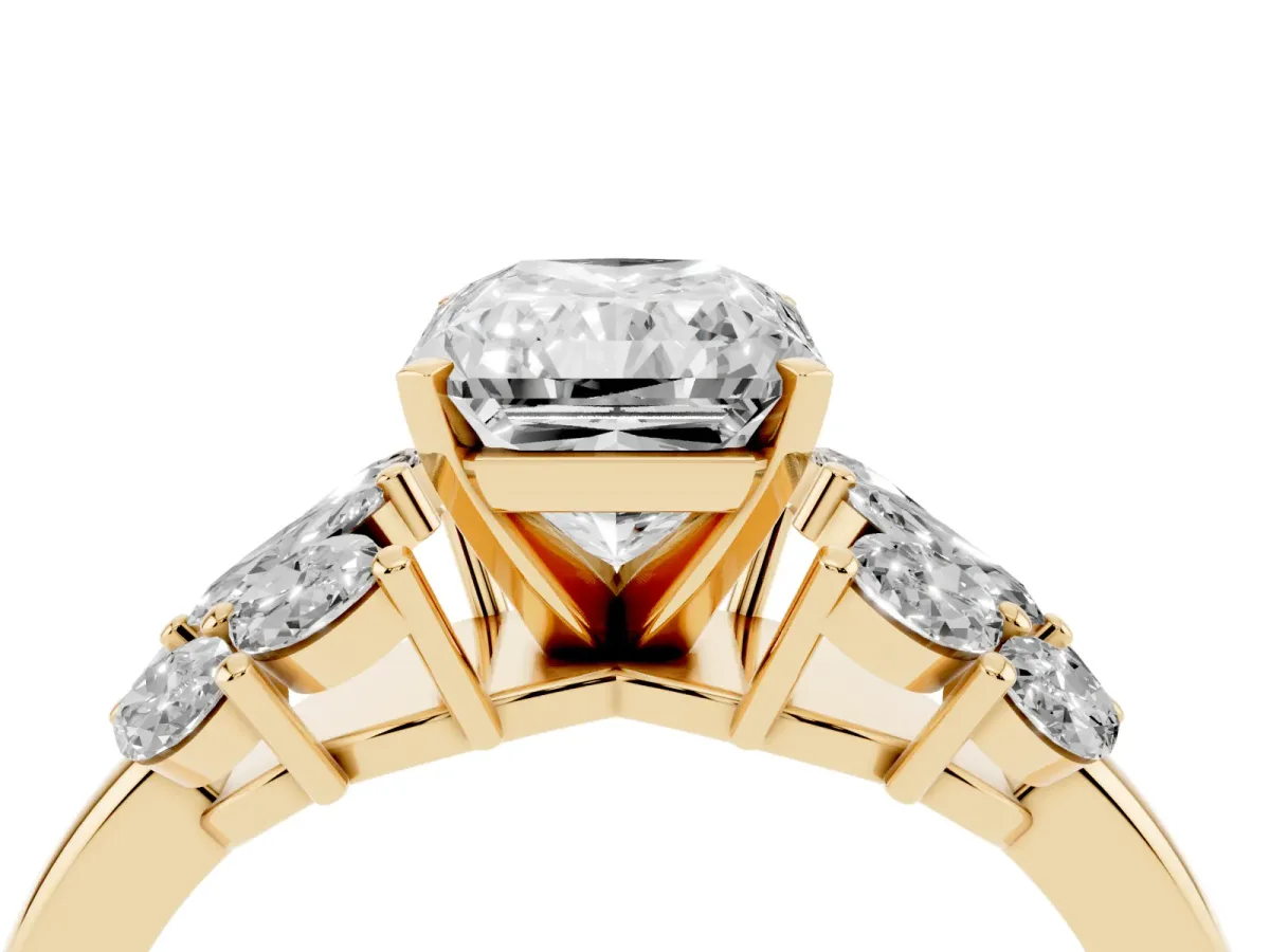 Radiant Cut Diamond Cluster Leaf Design Ring with Prong Setting Yellow gold