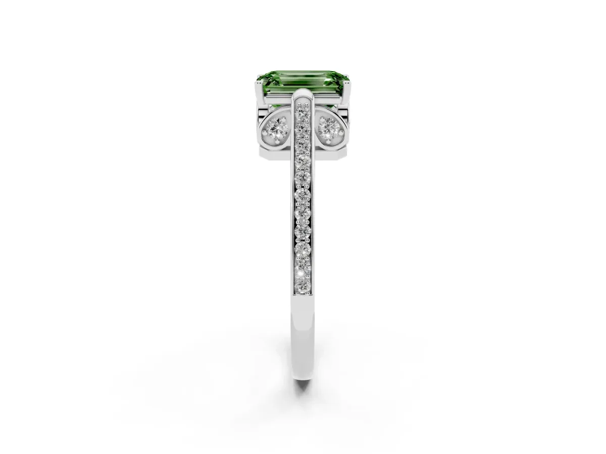 Fancy Green Emerald Cut Cut Cathedral Pave Diamond Engagement Ring with Six-Prong Setting Silver