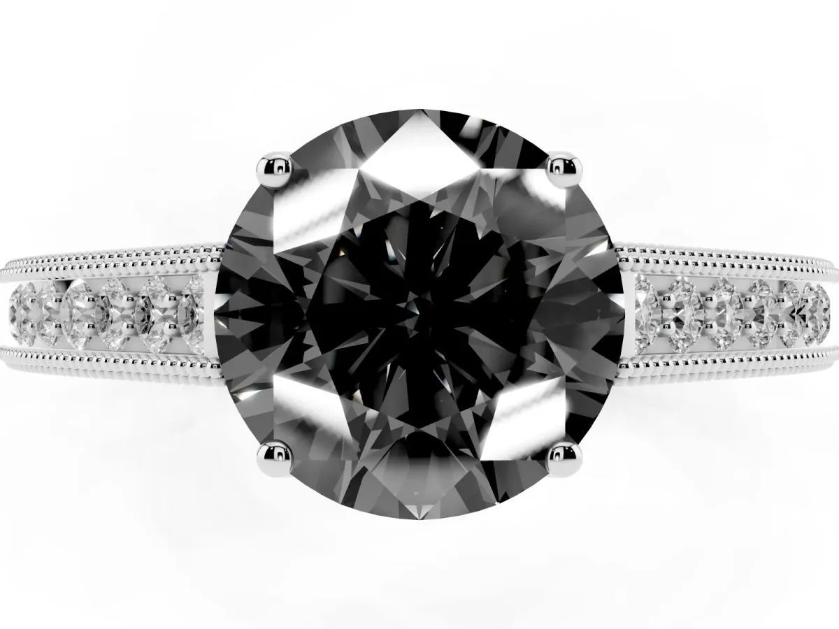 Fancy Black Round Cut Cut Pave Band Milgrain Solitaire Ring Silver