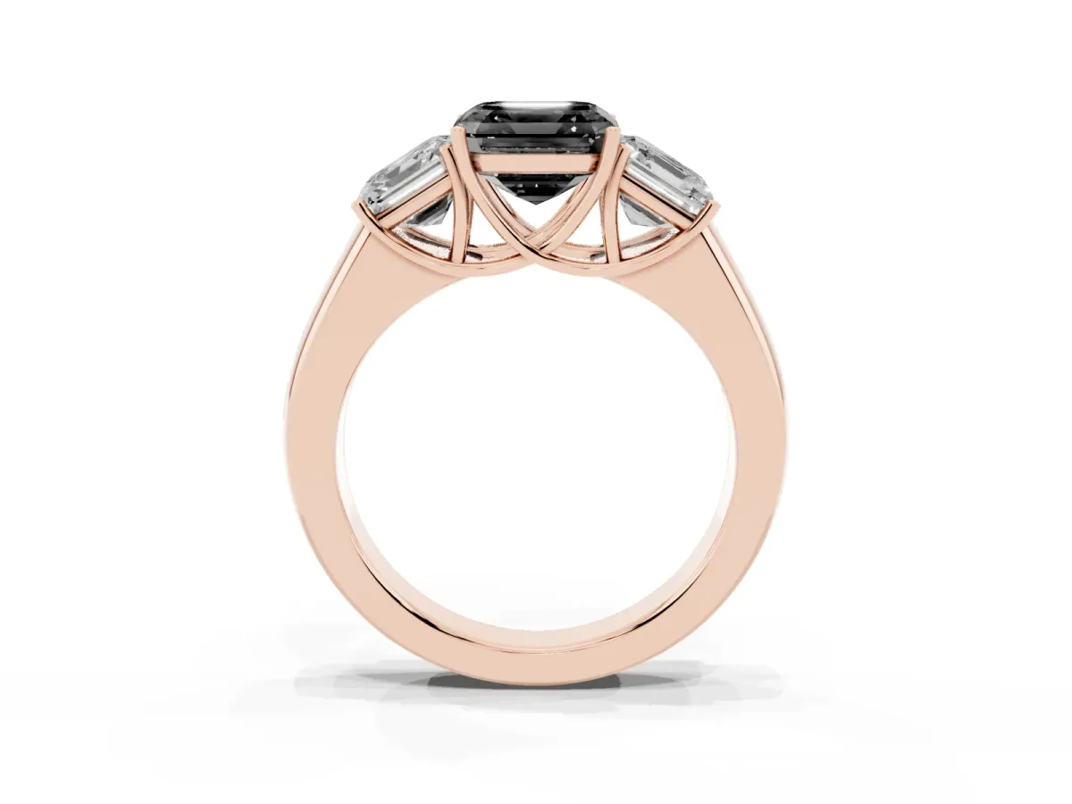 Fancy Black Three-Stone Asscher Cut Cut Diamond Ring with Prong Setting and Classic Band Rose gold