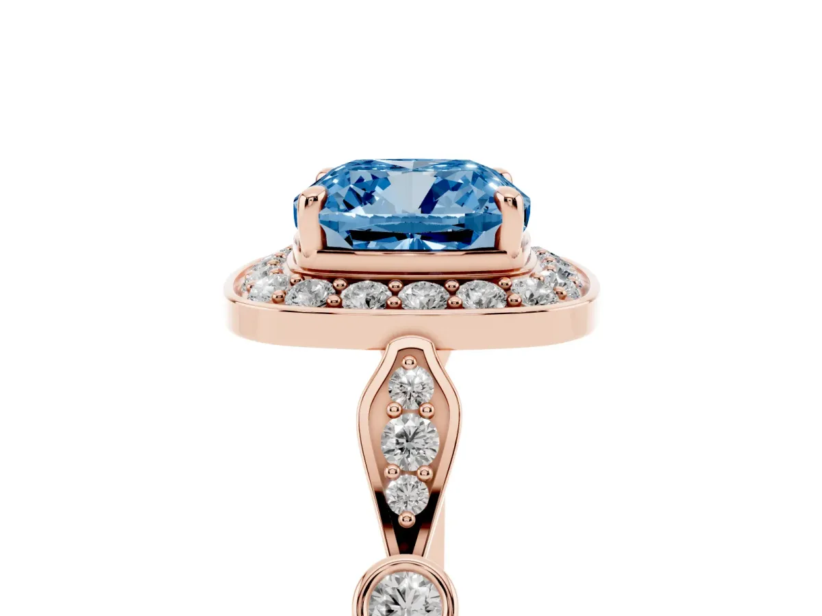 Fancy Blue Cushion Cut Halo Diamond Engagement Ring with Twisted Band and Four-Prong Setting Rose gold