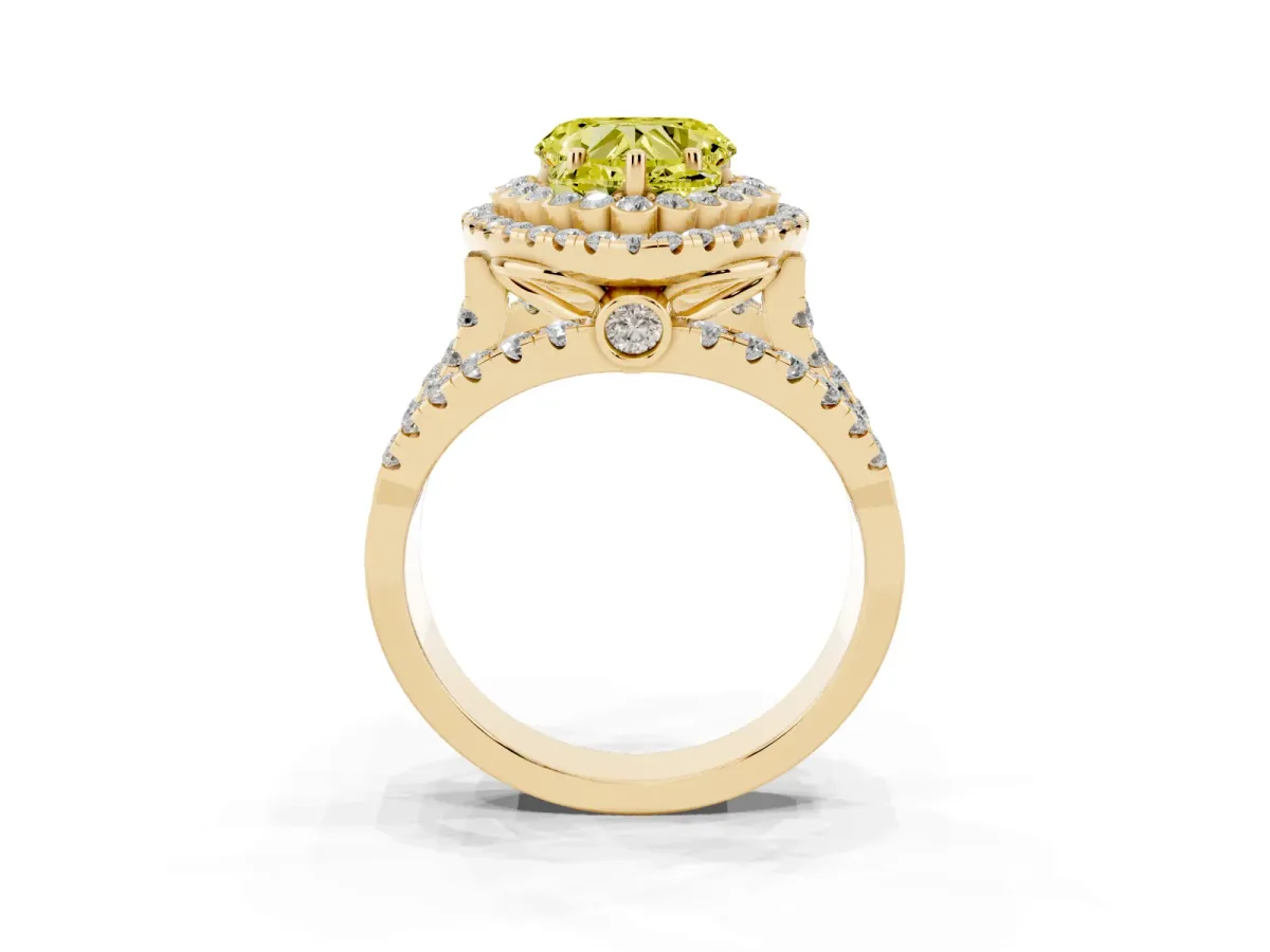 Fancy Yellow Heart Cut Diamond Double Halo Ring with Round Pavé Split Shank and Prong Setting Yellow gold