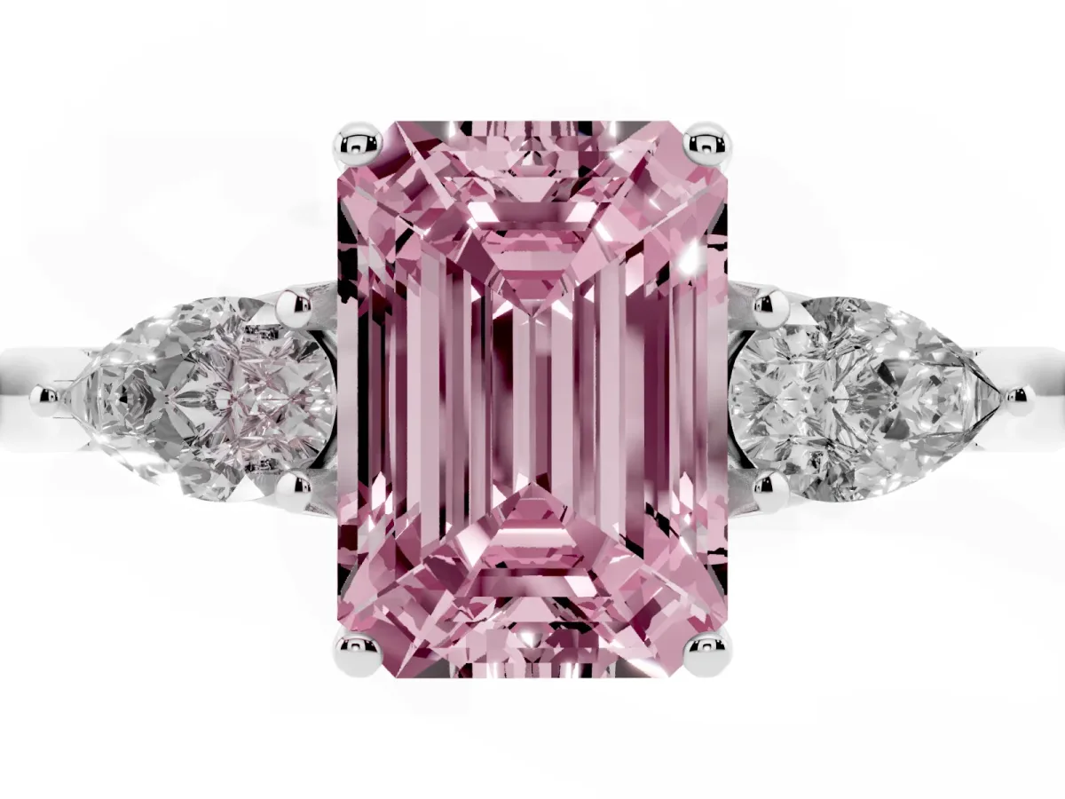 Fancy Pink Emerald Cut Diamond Three-Stone Ring with Pear Side Stones and Prong Setting Silver