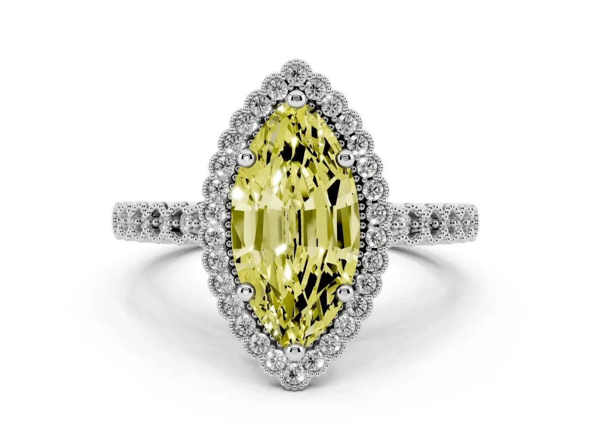 Fancy Yellow Marquise Cut Cut Halo Pavé Solitaire Ring with Milgrain Band White gold