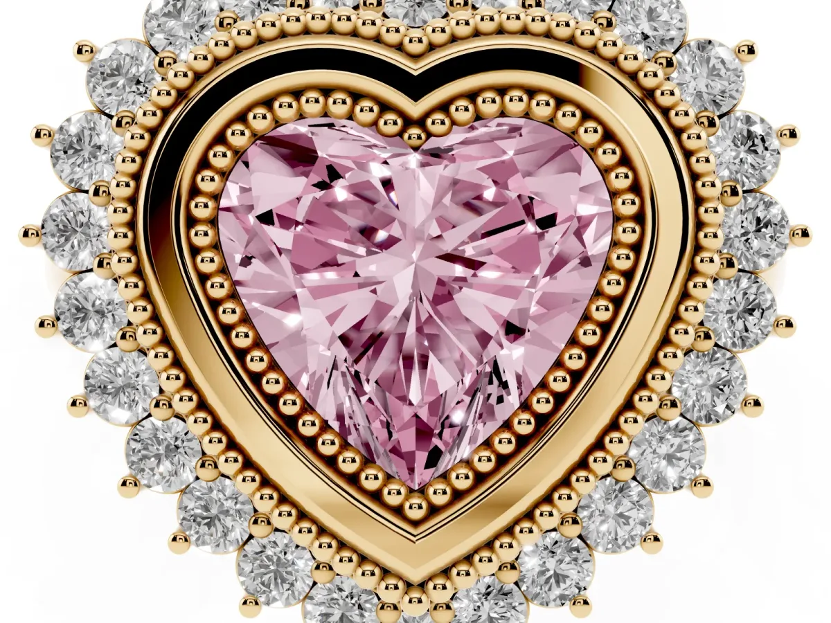 Fancy Pink Heart Cut Halo Diamond Ring with Milgrain Edge and Round Prong Setting Yellow gold