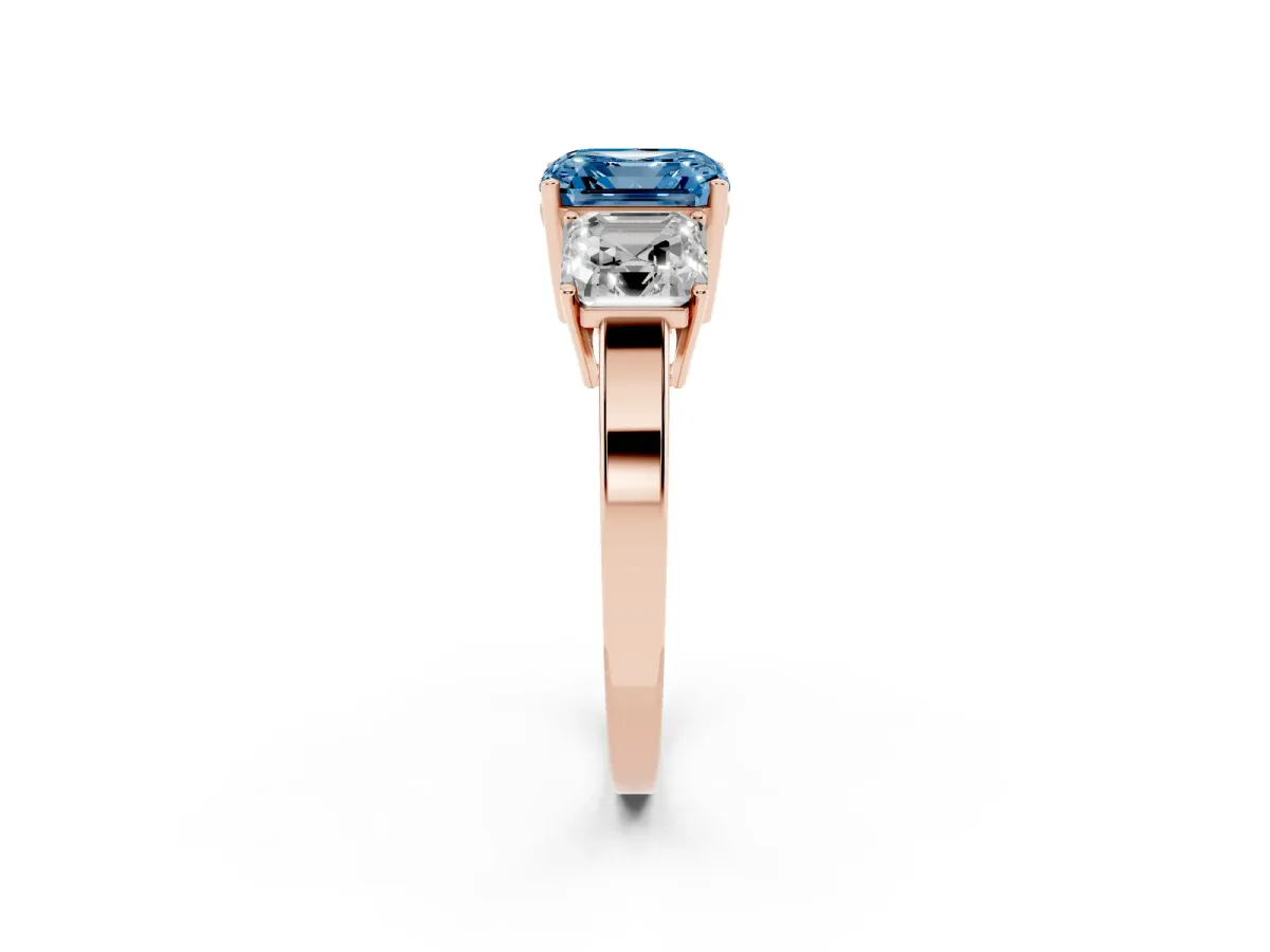 Fancy Blue Three-Stone Asscher Cut Cut Diamond Engagement Ring with Flat Band and Four-Prong Setting Rose gold