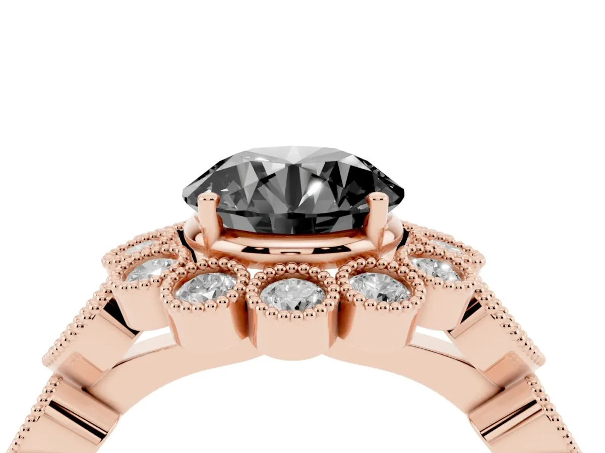 Fancy Black Round Cut Brilliant Milgrain Pave Heart Band Solitaire Ring Rose gold