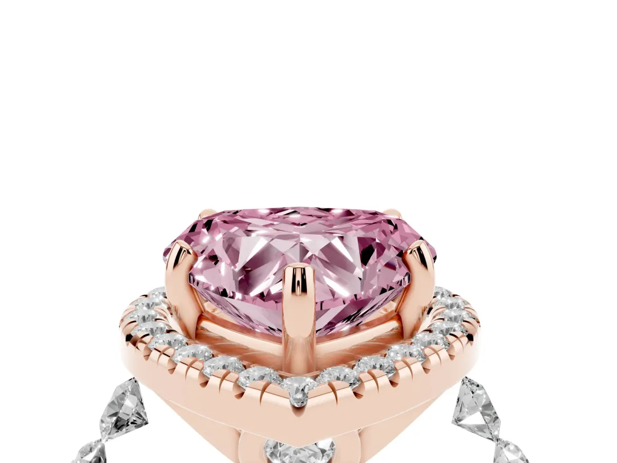 Fancy Pink Heart Cut Halo Pavé Diamond Engagement Ring with Four-Prong Setting Rose gold