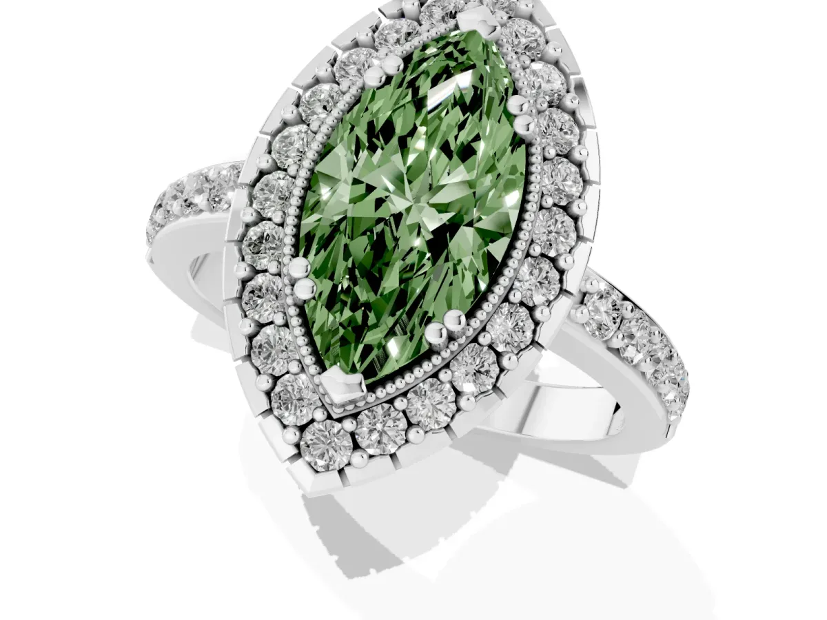 Fancy Green Marquise Cut Diamond Halo Ring with Pavé Band and Prong Setting White gold