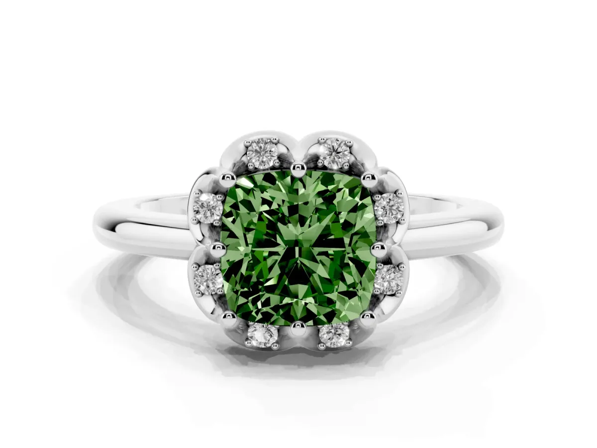 Fancy Green Cushion Cut Halo Diamond Ring with Round Cluster Setting, Solitaire Band, and Four-Prong Setting Silver