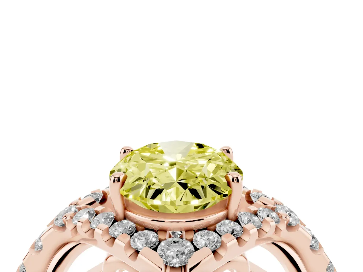 Fancy Yellow Oval Cut Diamond Solitaire Ring with Hidden Halo and Pavé Band Rose gold