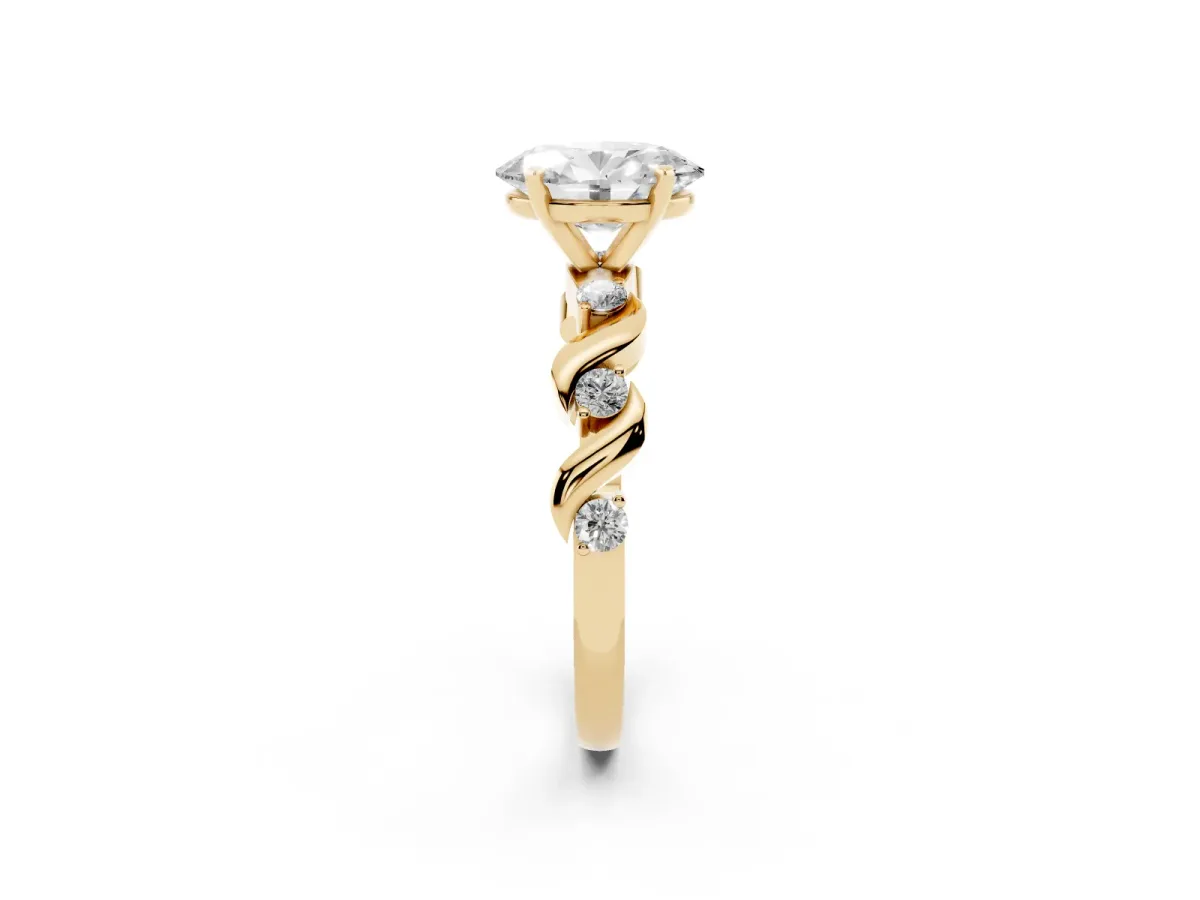 Oval Cut Diamond Solitaire Twisted Band with Round Accents and Prong Setting Yellow gold