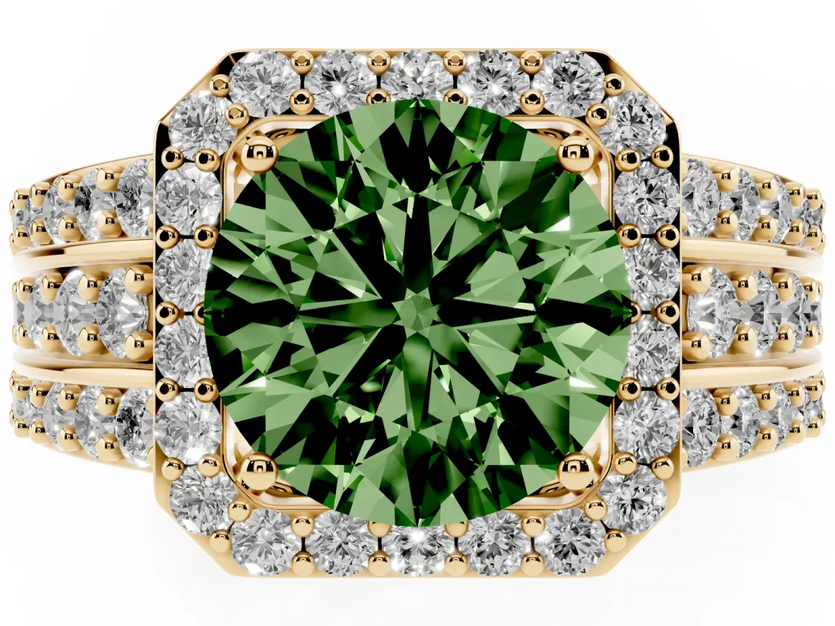 Fancy Green Round Cut Halo Diamond Ring with Round Split Shank and Prong Setting Yellow gold