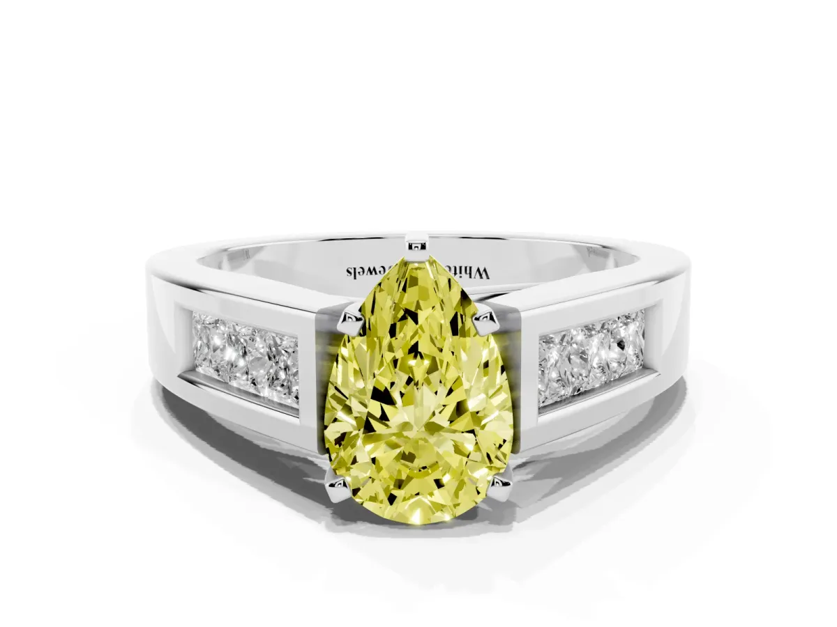 Fancy Yellow Pear Cut Cut Channel Set Solitaire Ring with Four-Prong Setting Silver