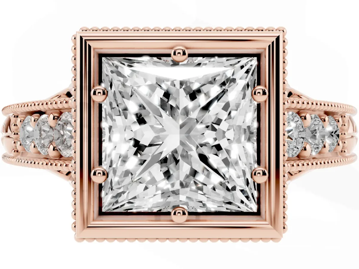 Bezel Set Princess Cut Diamond Milgrain Pave Engagement Ring Rose gold