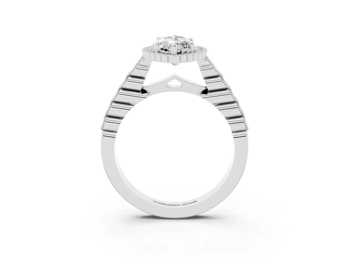 Marquise Cut Cut Halo Pavé Solitaire Ring with Milgrain Band White gold