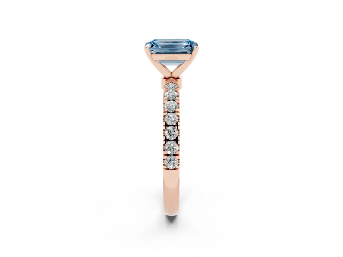 Fancy Blue Emerald Cut Diamond Solitaire Ring with Pavé Accents and Four-Prong Setting Rose gold