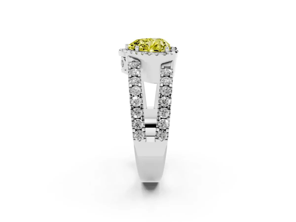 Fancy Yellow Heart Cut Cut Halo Split Shank Diamond Ring with Four-Prong Setting Silver