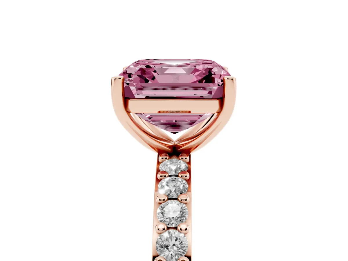 Fancy Pink Asscher Cut Cut Diamond Solitaire with Pave Band and Four-Prong Setting Rose gold