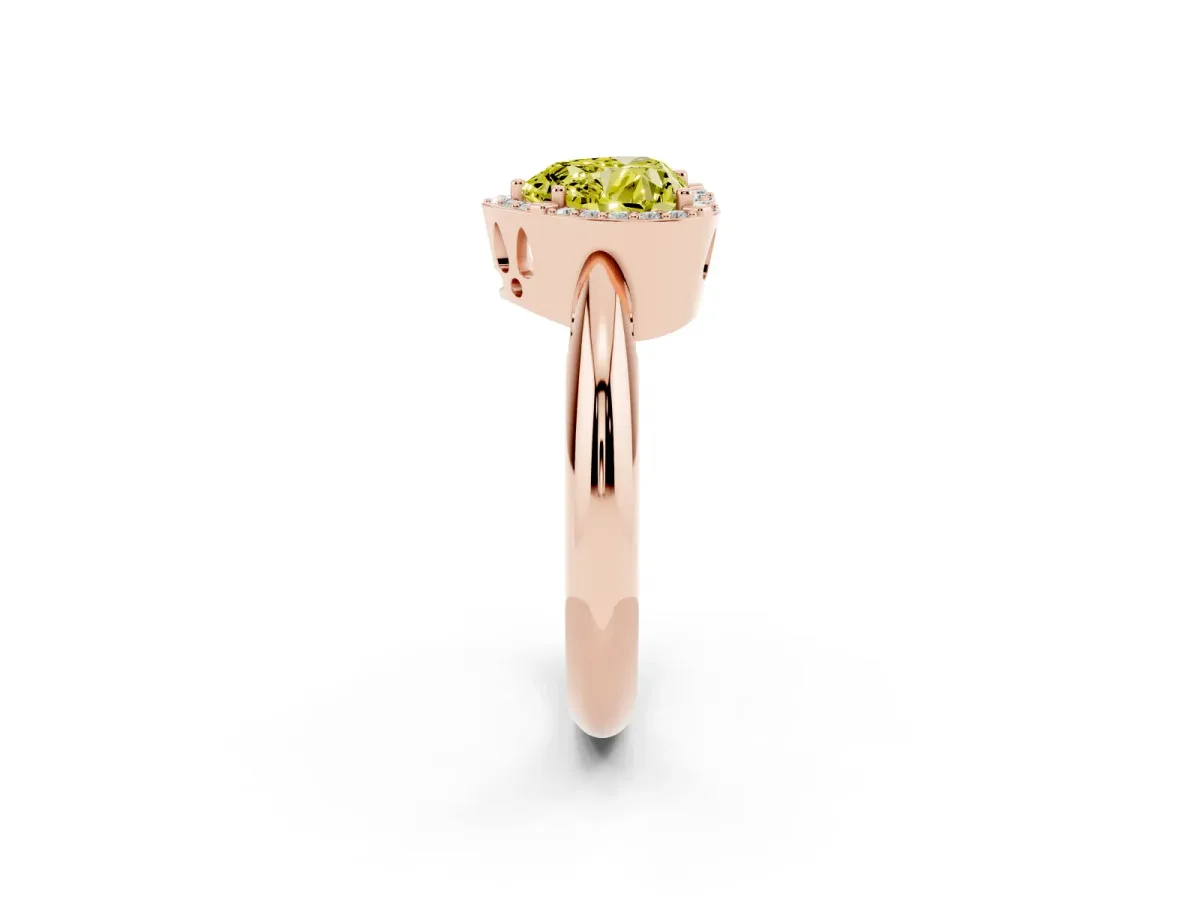 Fancy Yellow Heart Cut Cut Diamond Halo Engagement Ring with Split Shank and Four-Prong Setting Rose gold