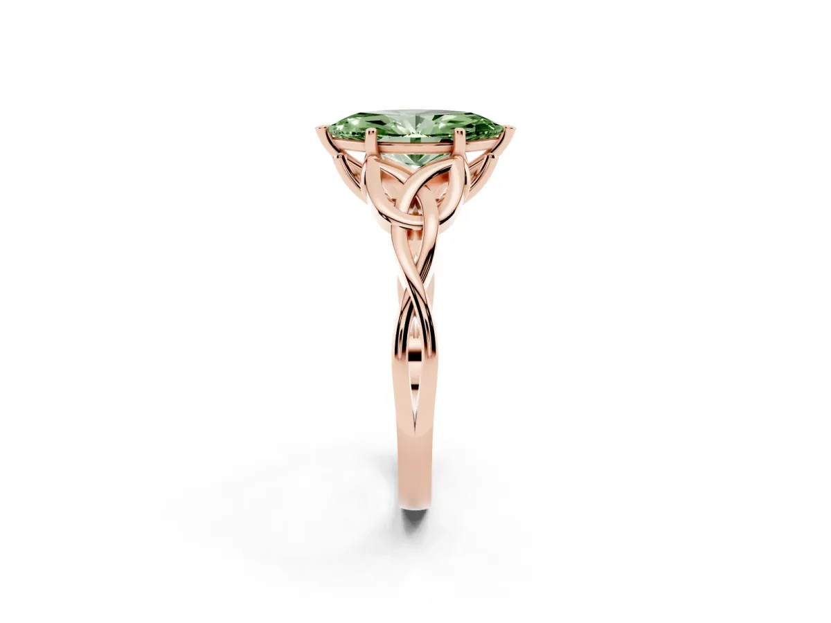 Fancy Green Marquise Cut Diamond Solitaire Engagement Ring with Celtic Knot Band and Four-Prong Setting Rose gold