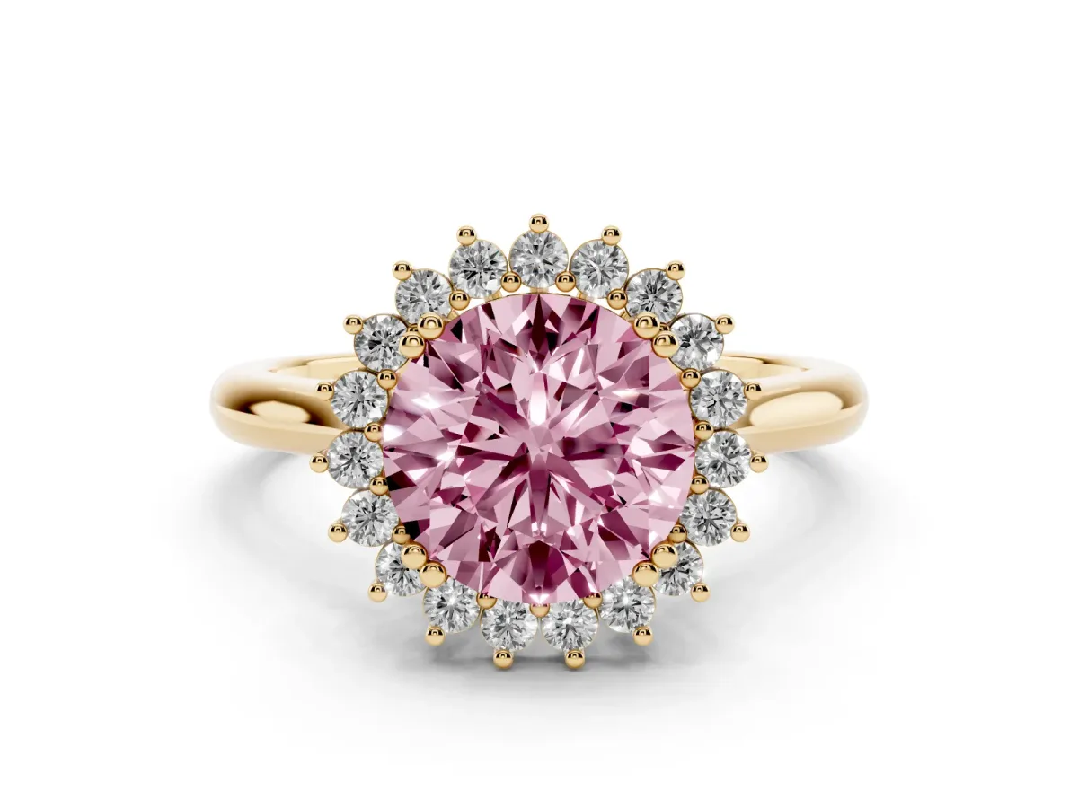 Fancy Pink Round Cut Cut Diamond Halo Ring with Solitaire Band and Prong Setting Yellow gold