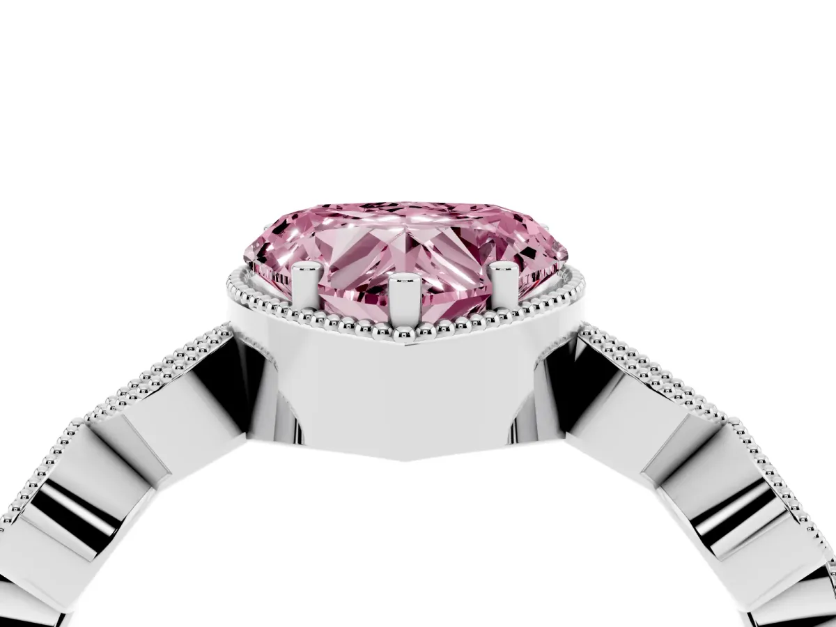 Fancy Pink Heart Cut Diamond Vintage Milgrain Ring with Round Stations Silver