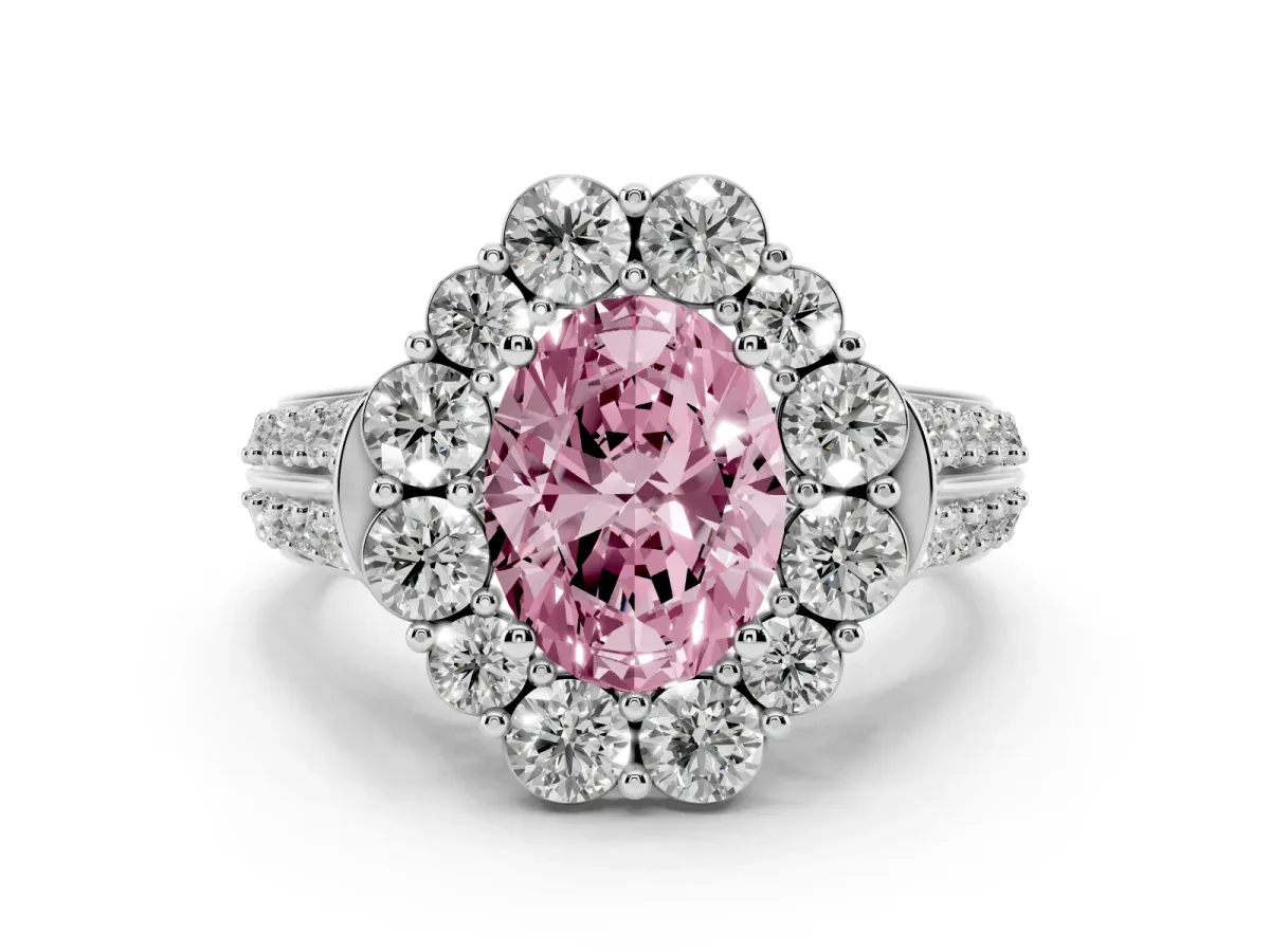 Fancy Pink Oval Cut Halo Diamond Engagement Ring with Split Shank and Prong Setting Silver