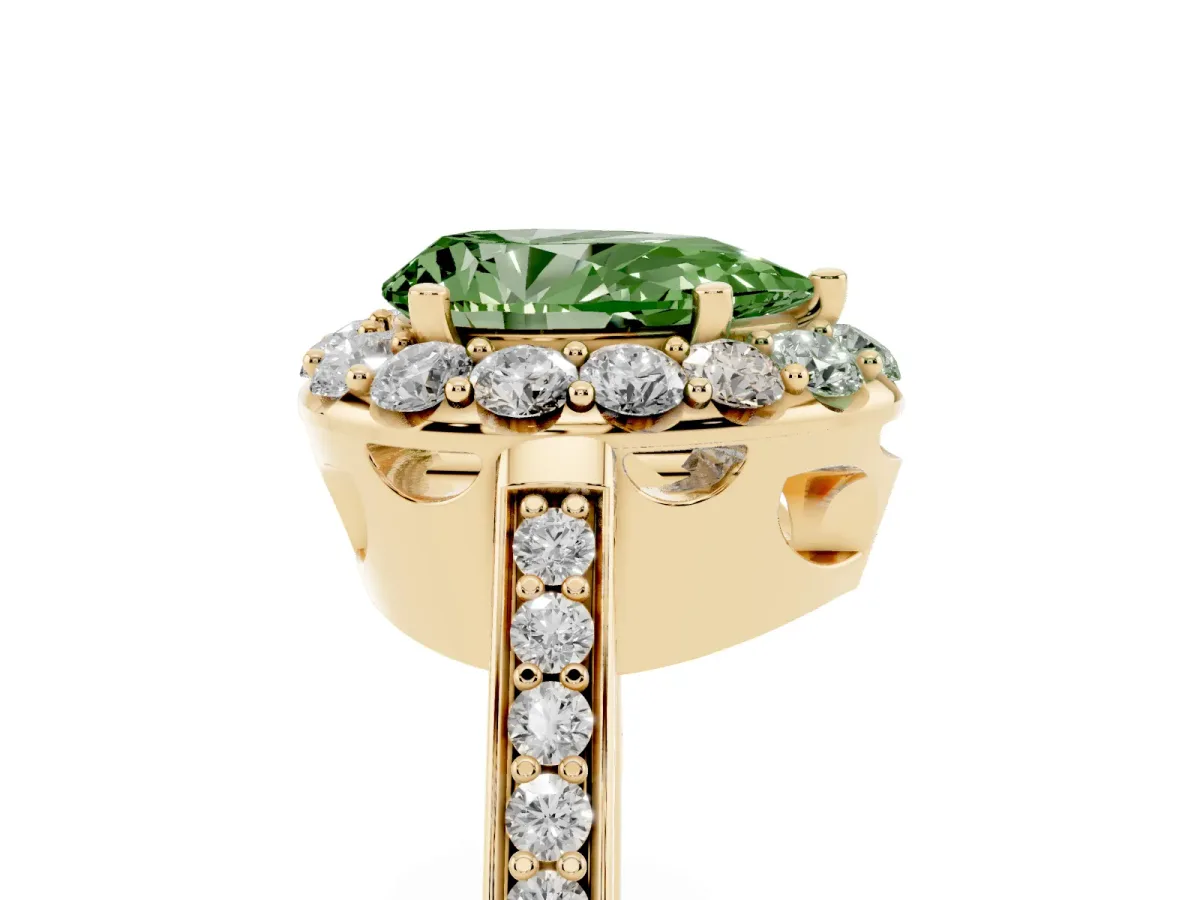 Fancy Green Pear Cut Diamond Floral Halo Ring with Pavé Band and Prong Setting Yellow gold