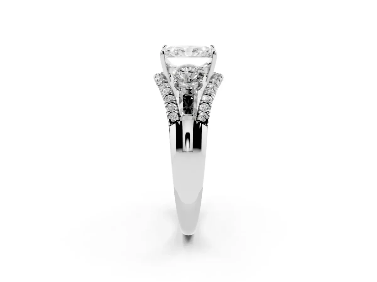 Three-Stone Radiant Cut Diamond Engagement Ring with Pave Band and Prong Setting Silver