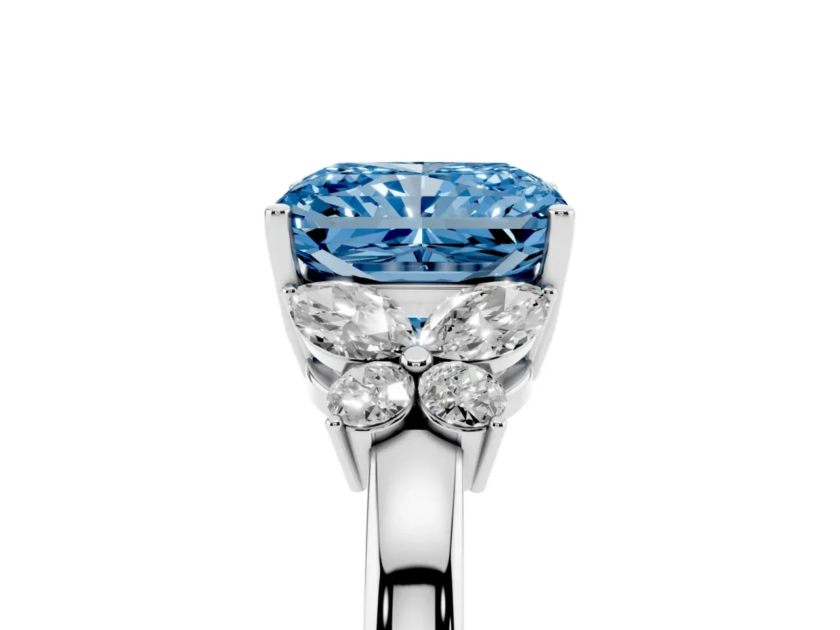 Fancy Blue Radiant Cut Cut Solitaire Floral Diamond Ring with Four-Prong Setting Silver