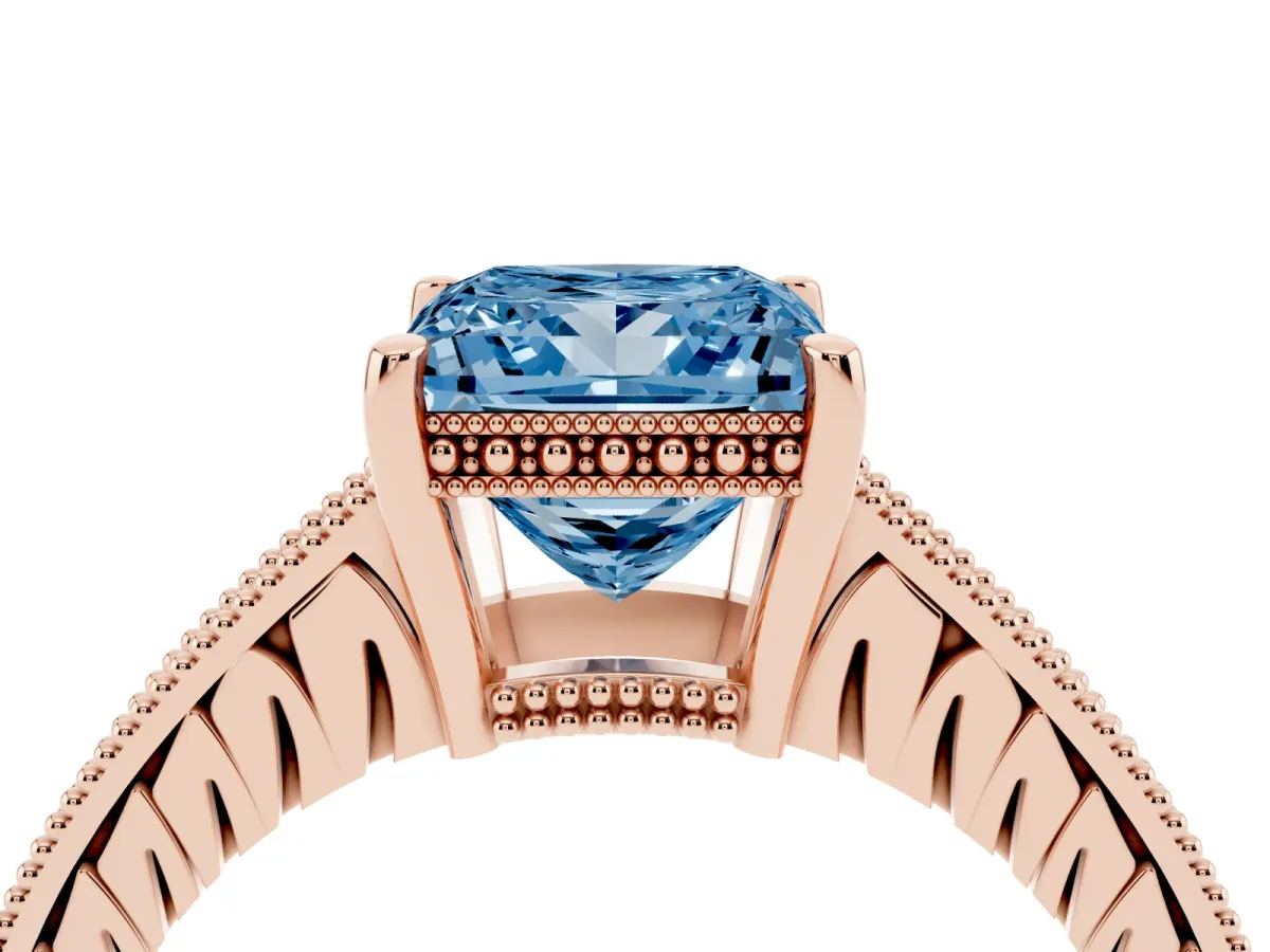 Fancy Blue Princess Cut Solitaire Pavé Diamond Milgrain Engagement Ring with Four-Prong Setting Rose gold