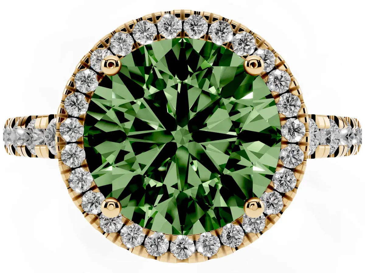 Fancy Green Round Cut Diamond Halo Ring with Pavé Band and Four-Prong Setting Yellow gold