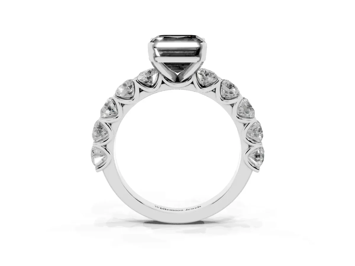 Fancy Black Asscher Cut Diamond Prong Setting with Side Stones on a Pave Band Silver