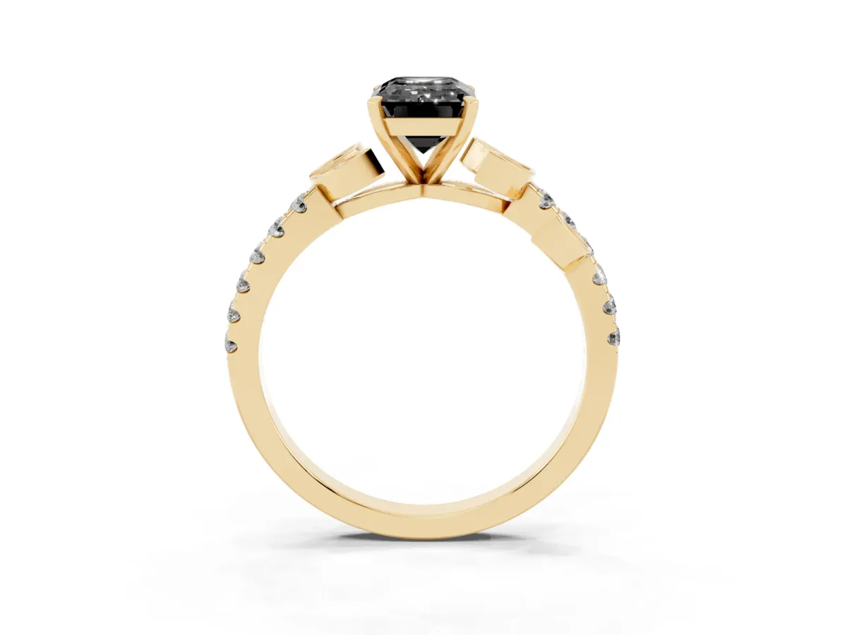 Fancy Black Emerald Cut Solitaire Leaf-Inspired Diamond Ring with Pavé Band and Four-Prong Setting Yellow gold