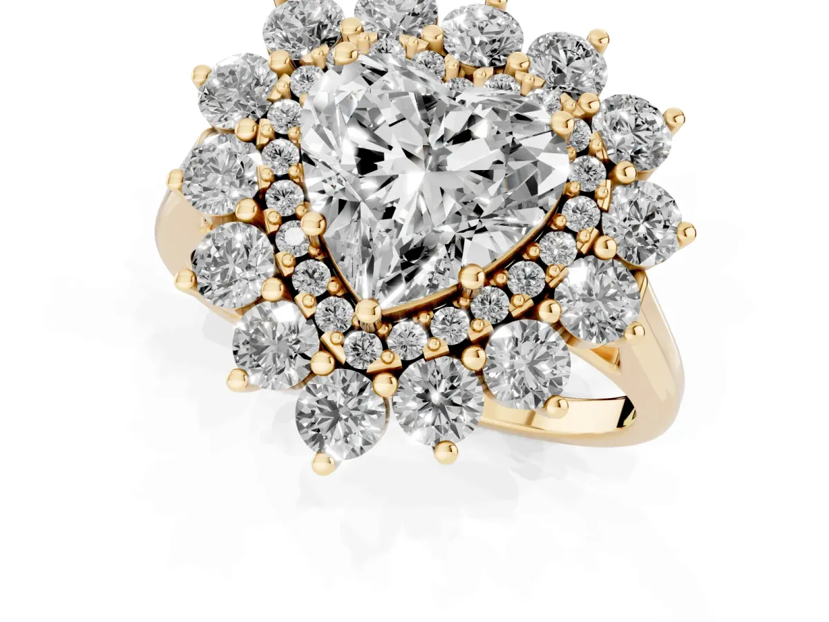 Heart Cut Diamond Floral Double Halo Engagement Ring with Prong Setting Yellow gold
