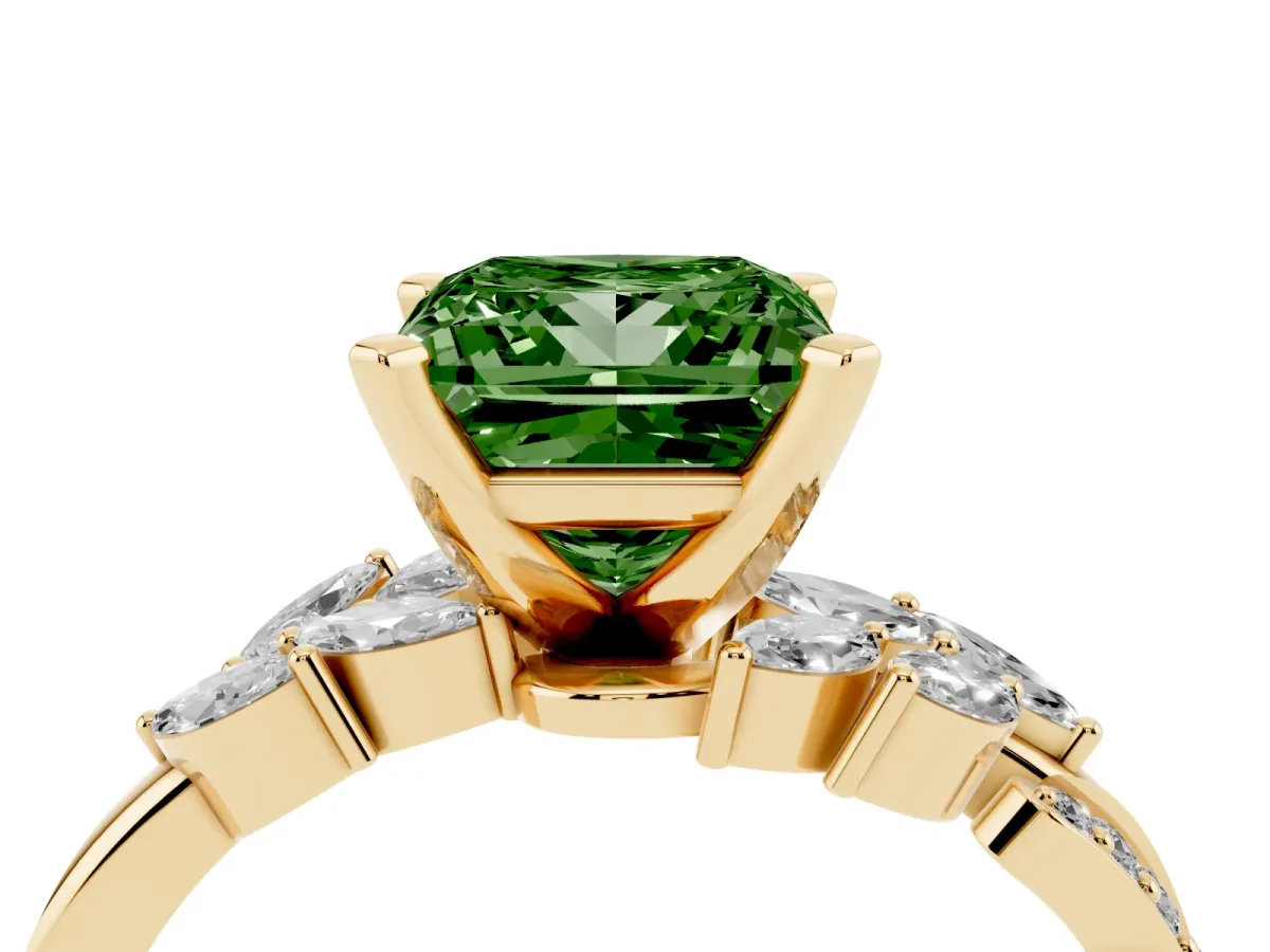 Fancy Green Princess Cut Solitaire Marquise Twist Band with Six-Prong Setting Yellow gold