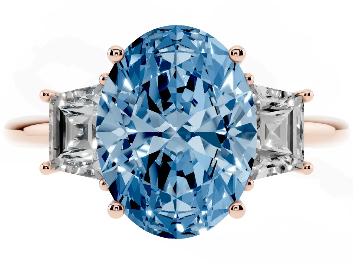 Fancy Blue Oval Cut Diamond Three-Stone Ring with Trapezoid Side Stones and Prong Setting Rose gold