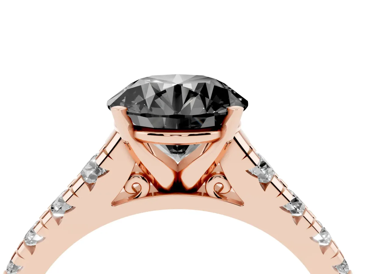 Fancy Black Round Cut Diamond Cathedral Solitaire Ring with Round Pavé Band Rose gold