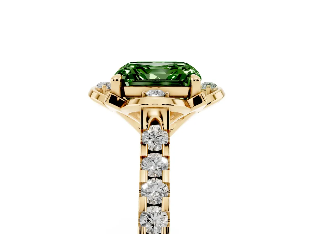 Fancy Green Asscher Cut Diamond Ring with Pavé Band and Floral Prong Setting Yellow gold