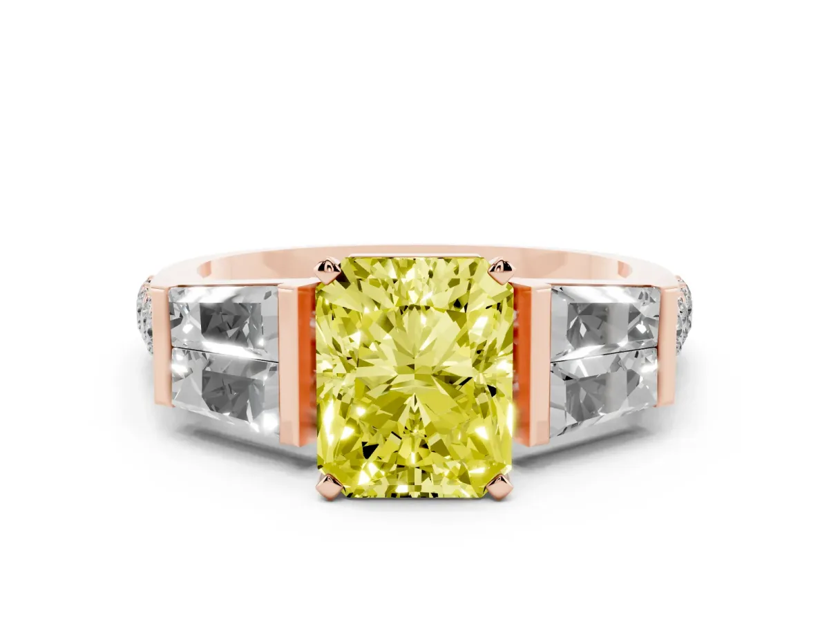 Fancy Yellow Radiant Cut Diamond Engagement Ring with Baguette Side Stones and Channel Set Band Rose gold