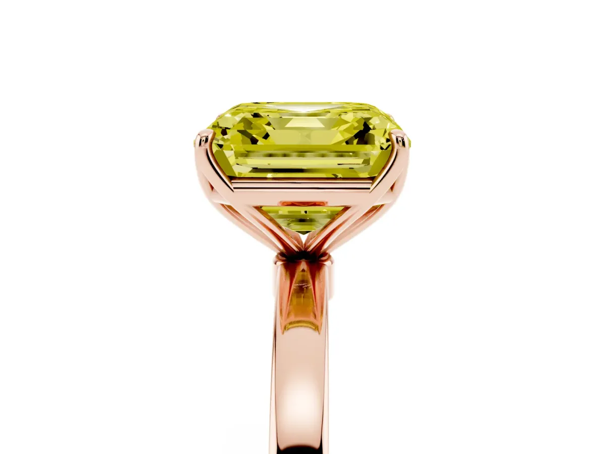 Fancy Yellow Asscher Cut Diamond Solitaire Ring with Thin Band and Prong Setting Rose gold