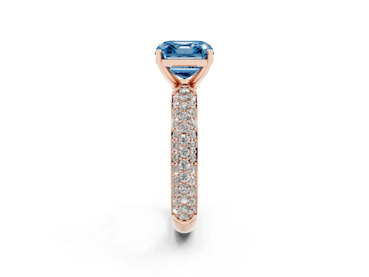 Fancy Blue Asscher Cut Diamond Solitaire Ring with Prong Setting and Pavé Band Rose gold