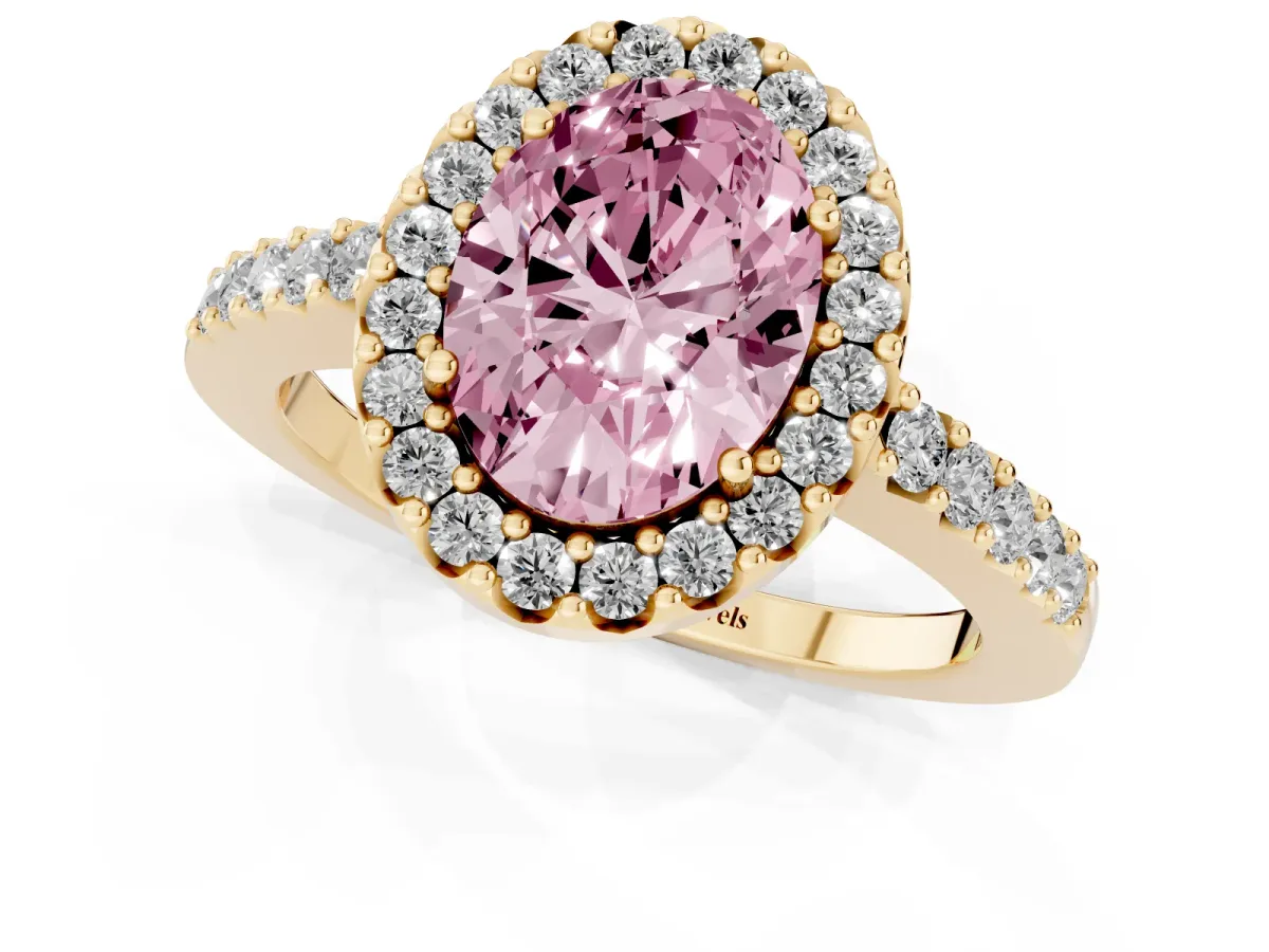 Fancy Pink Oval Cut Halo Diamond Pavé Solitaire Ring Yellow gold
