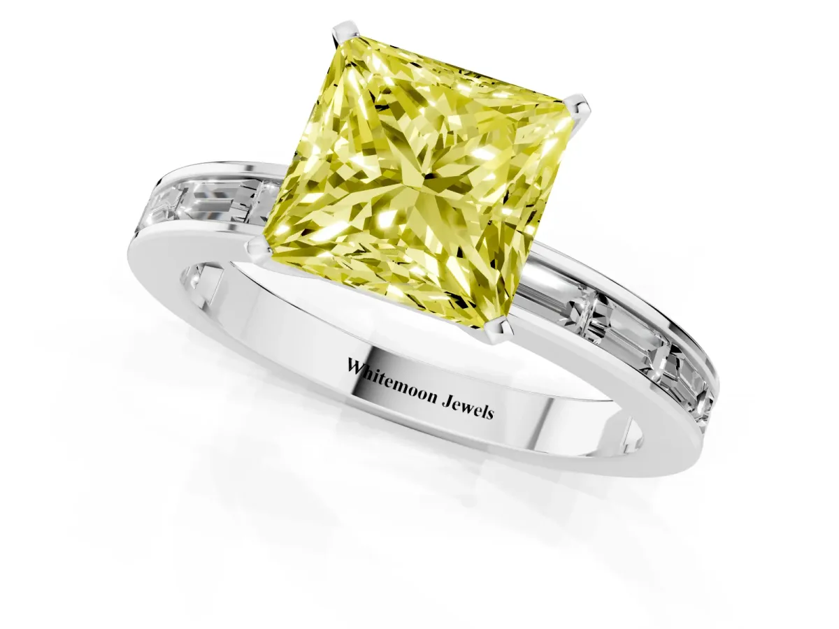 Fancy Yellow Princess Cut Solitaire Diamond Ring with Channel-Set Baguette Band and Four-Prong Setting Platinum